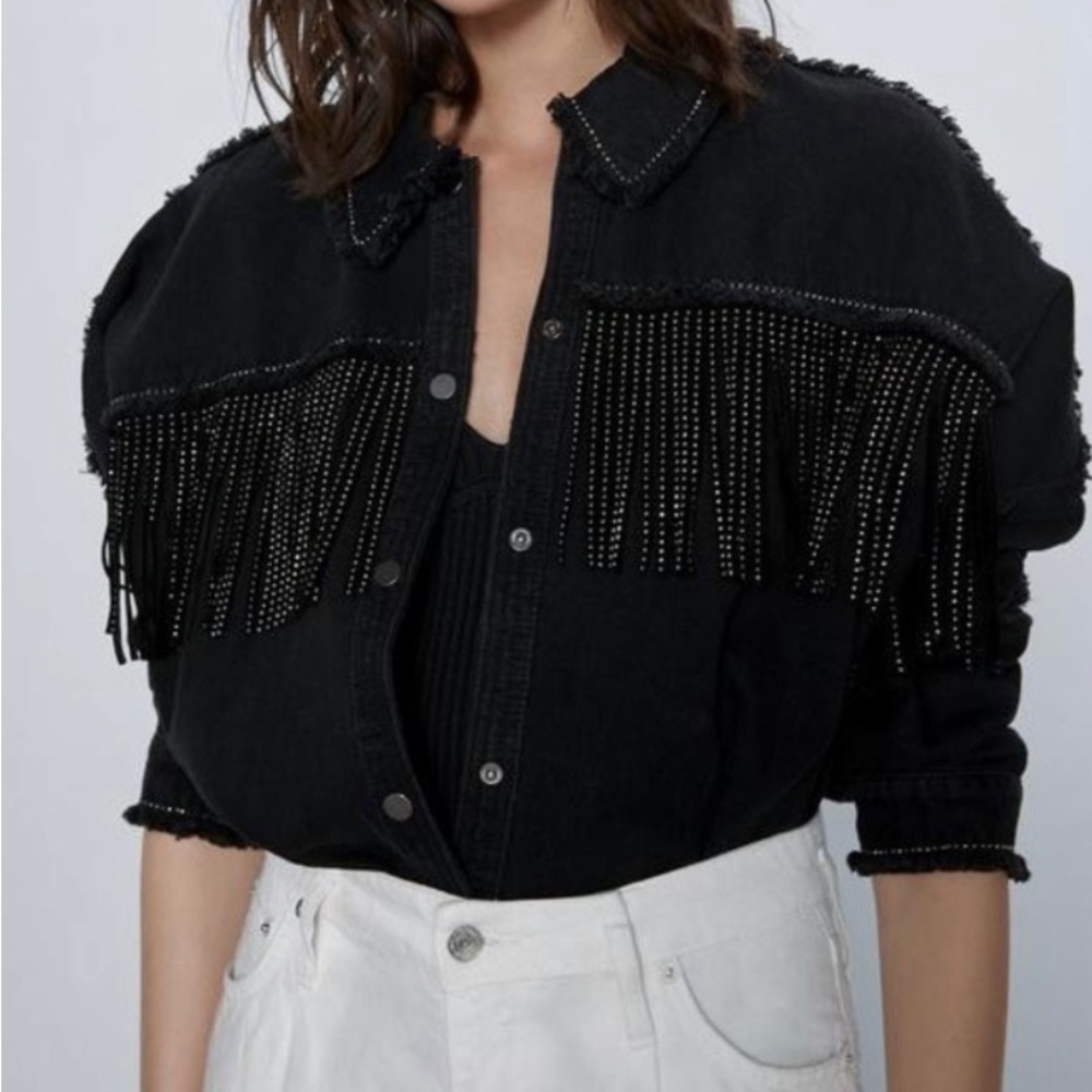 Famous Zara black denim jacket with tassels